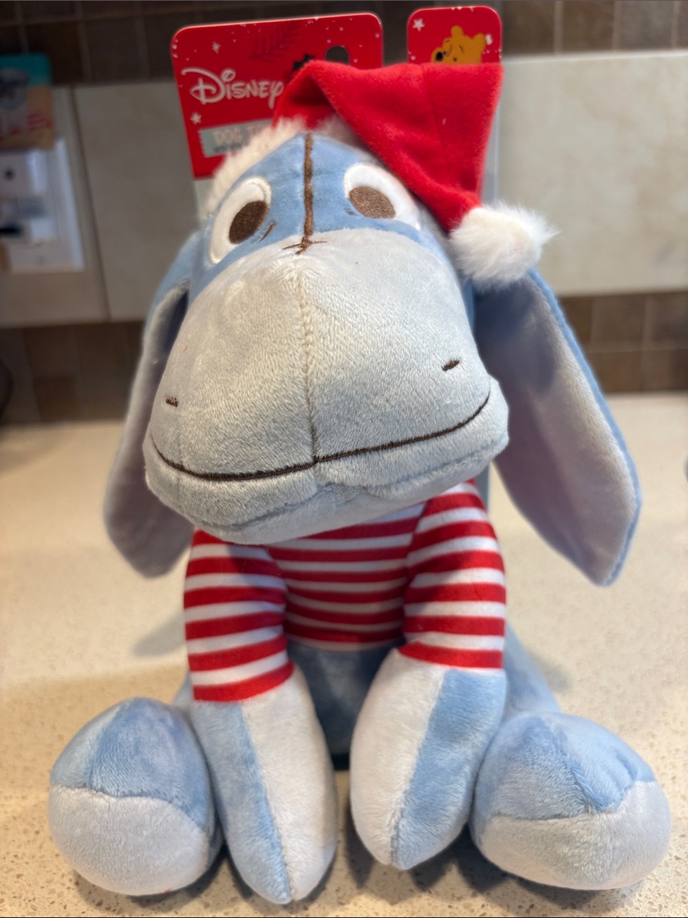 Disney NWT Blue Eeyore Plush with Red Santa Hat and Striped Shirt Dog Toy
